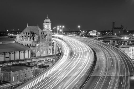 black and white night photo of richmond virginia showing i-95 and main street station