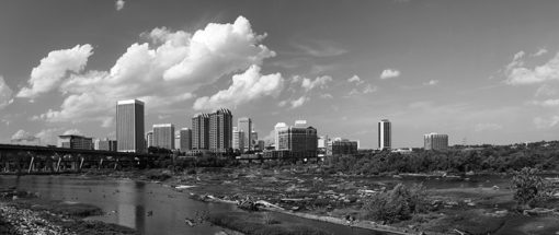 black and white panoramic richmond virginia photo with james river in the foreground