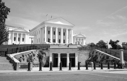 virginia state capitol in richmond on bright, sunny day in black and white