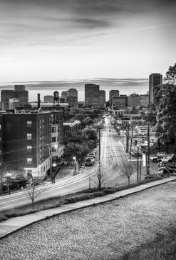 evening in shockoe bottom in richmond virginia in black and white