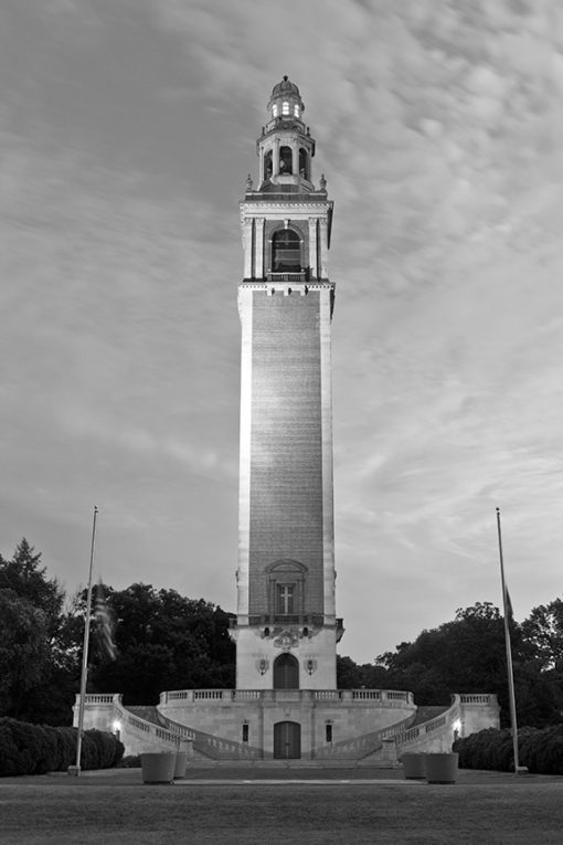 black and white virginia war memorial carillon in richmond in the evening