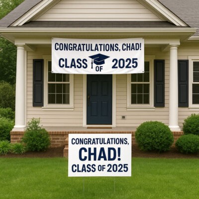 custom printed gradation banner on house with graduation sign in yard