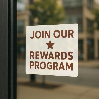 custom printed window cling with rewards program messaging