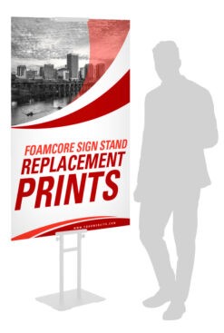 replacement prints inserts for custom printed low profile foamcore floor stand, replaceable, adjustable for businesses restaurants venues or events. stable base free shipping