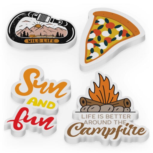 stacks of die cut stickers, also known as shape cut or contour cut stickers